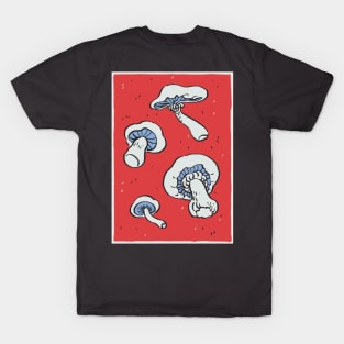 I draw some spicy funky white shrooms on red background T-Shirt